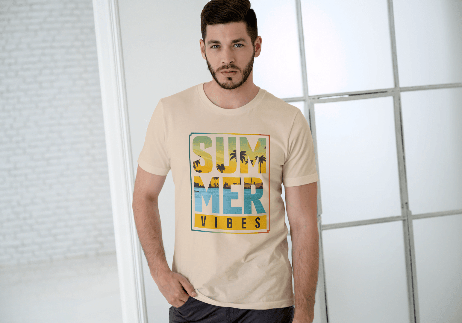 SUMMER VIBES Palm Tree Sunset: Beach Landscape Tee - Essentia Attire