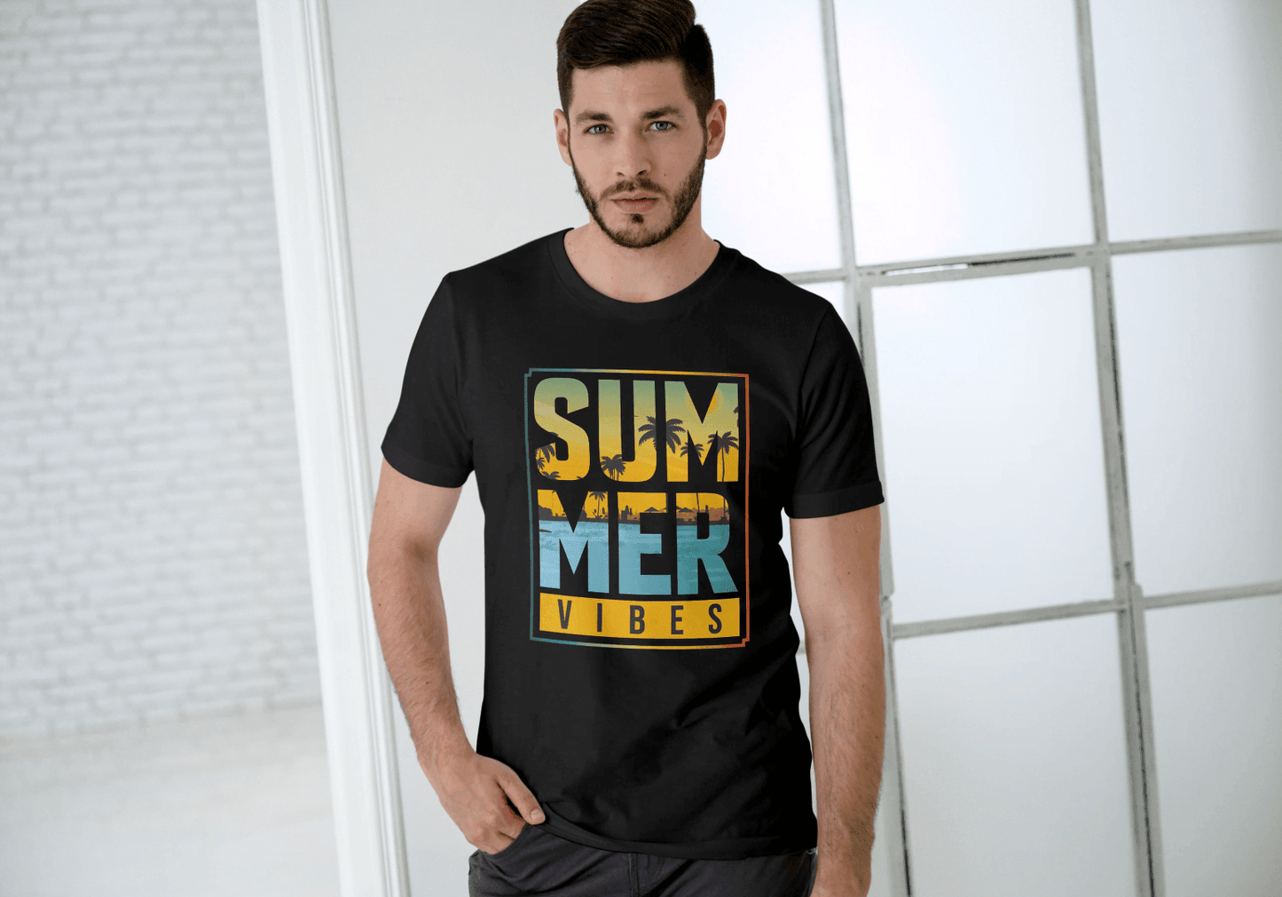 SUMMER VIBES Palm Tree Sunset: Beach Landscape Tee - Essentia Attire