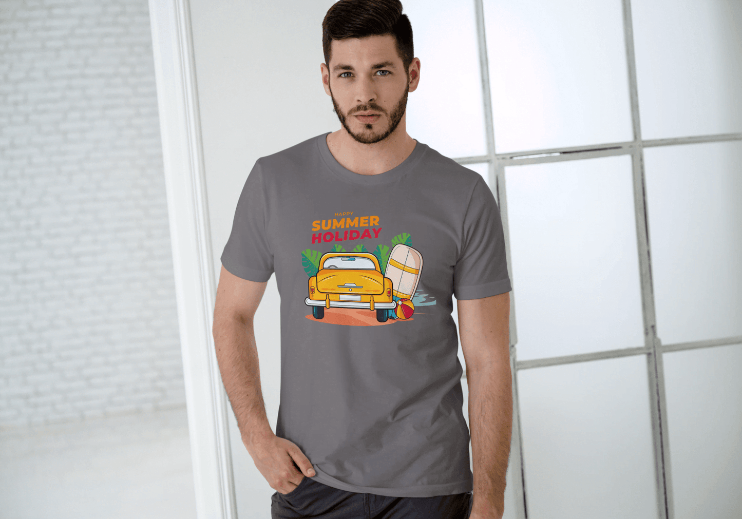 Happy Summer Holiday Classic Car: Retro Beach Surf Tee - Essentia Attire