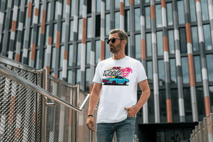1969 Muscle Car Beach Sunset: Retro Vaporwave Tee - Essentia Attire