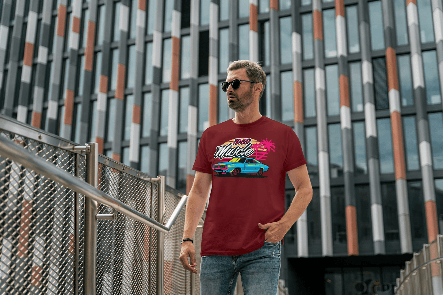 1969 Muscle Car Beach Sunset: Retro Vaporwave Tee - Essentia Attire