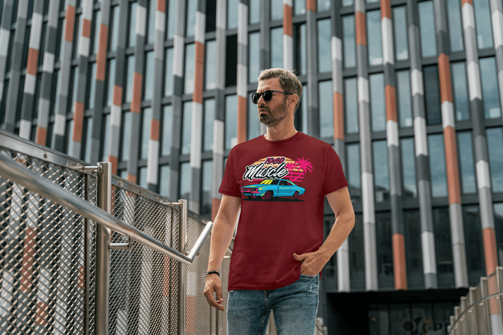 1969 Muscle Car Beach Sunset: Retro Vaporwave Tee - Essentia Attire