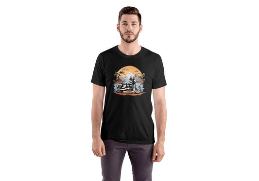 Skeleton Rider Motorcycle: Desert Sunset Biker Tee - Essentia Attire