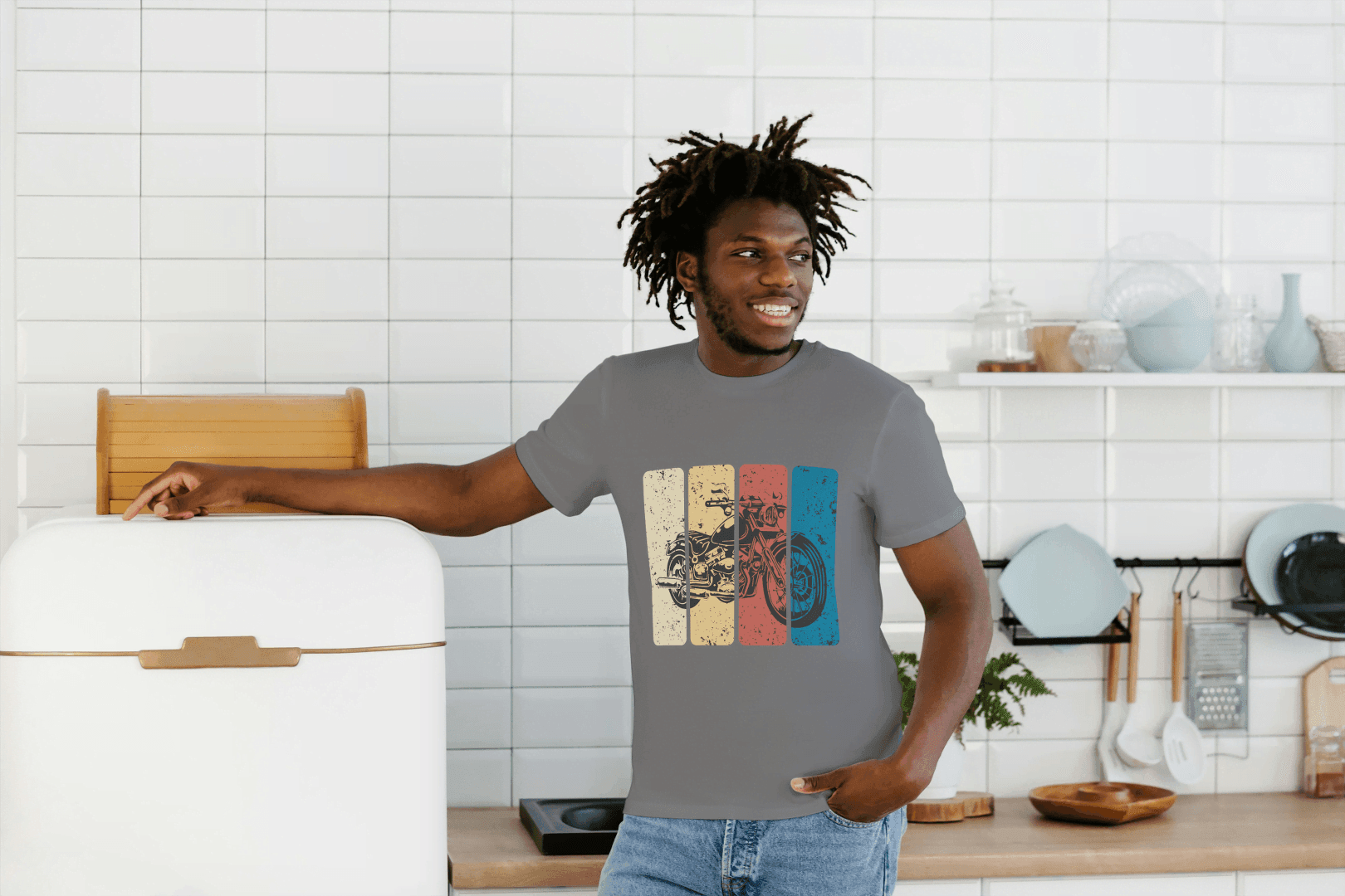 Retro Stripe Motorcycle: Vintage Bike Graphic Tee - Essentia Attire