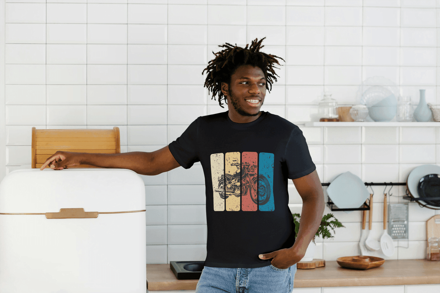 Retro Stripe Motorcycle: Vintage Bike Graphic Tee - Essentia Attire