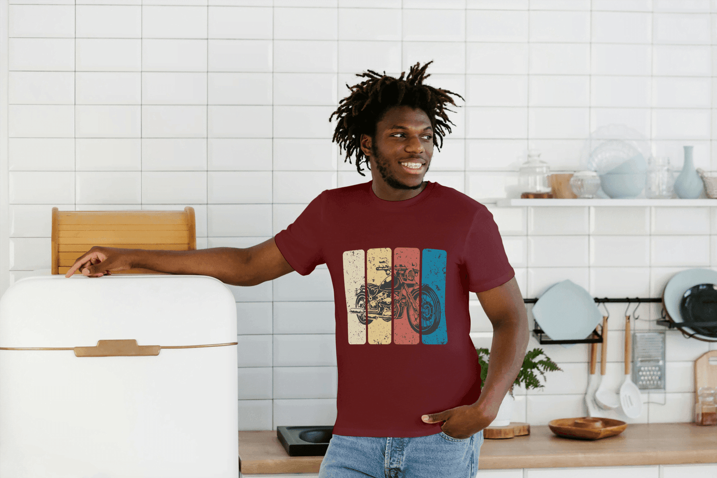 Retro Stripe Motorcycle: Vintage Bike Graphic Tee - Essentia Attire