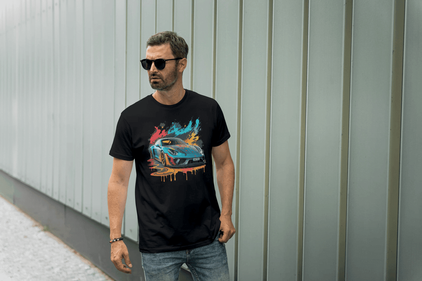 Sports Car Paint Splatter: Vibrant Auto Graphic Tee - Essentia Attire