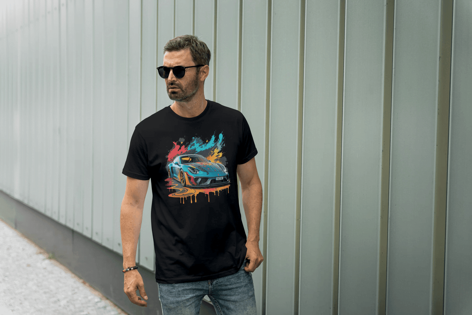 Sports Car Paint Splatter: Vibrant Auto Graphic Tee - Essentia Attire