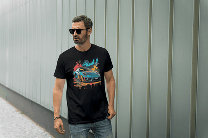 Sports Car Paint Splatter: Vibrant Auto Graphic Tee - Essentia Attire