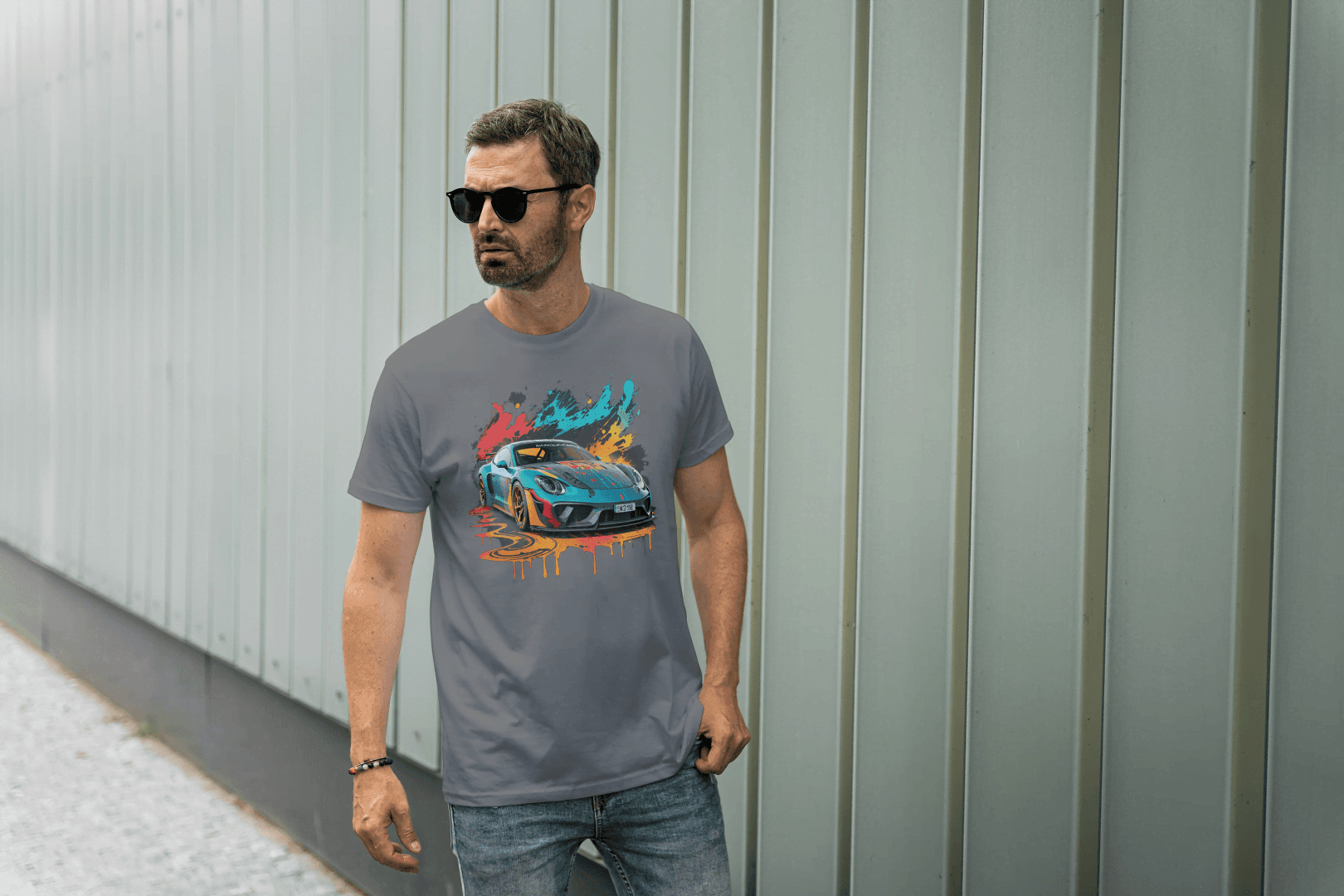 Sports Car Paint Splatter: Vibrant Auto Graphic Tee - Essentia Attire