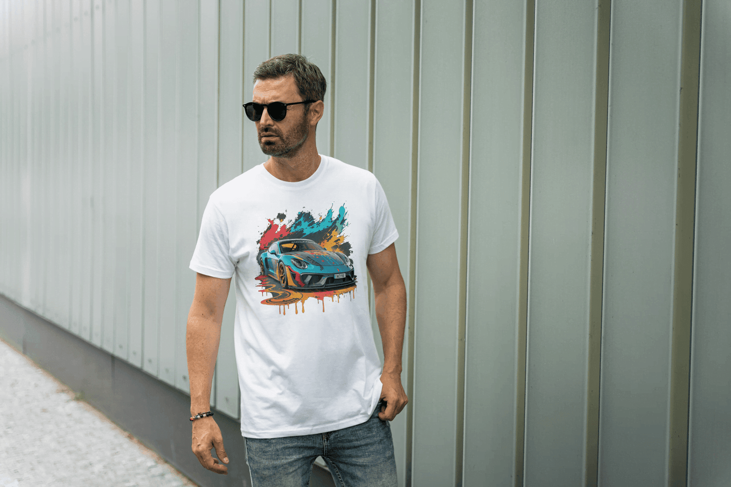 Sports Car Paint Splatter: Vibrant Auto Graphic Tee - Essentia Attire