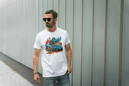 Sports Car Paint Splatter: Vibrant Auto Graphic Tee - Essentia Attire