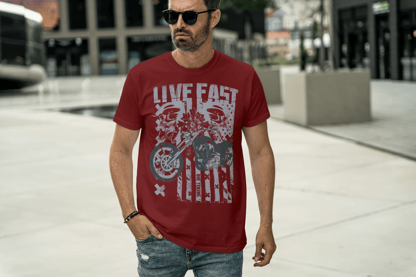 Live Fast Die Young: Skull & Vintage Biker Tee - Essentia Attire