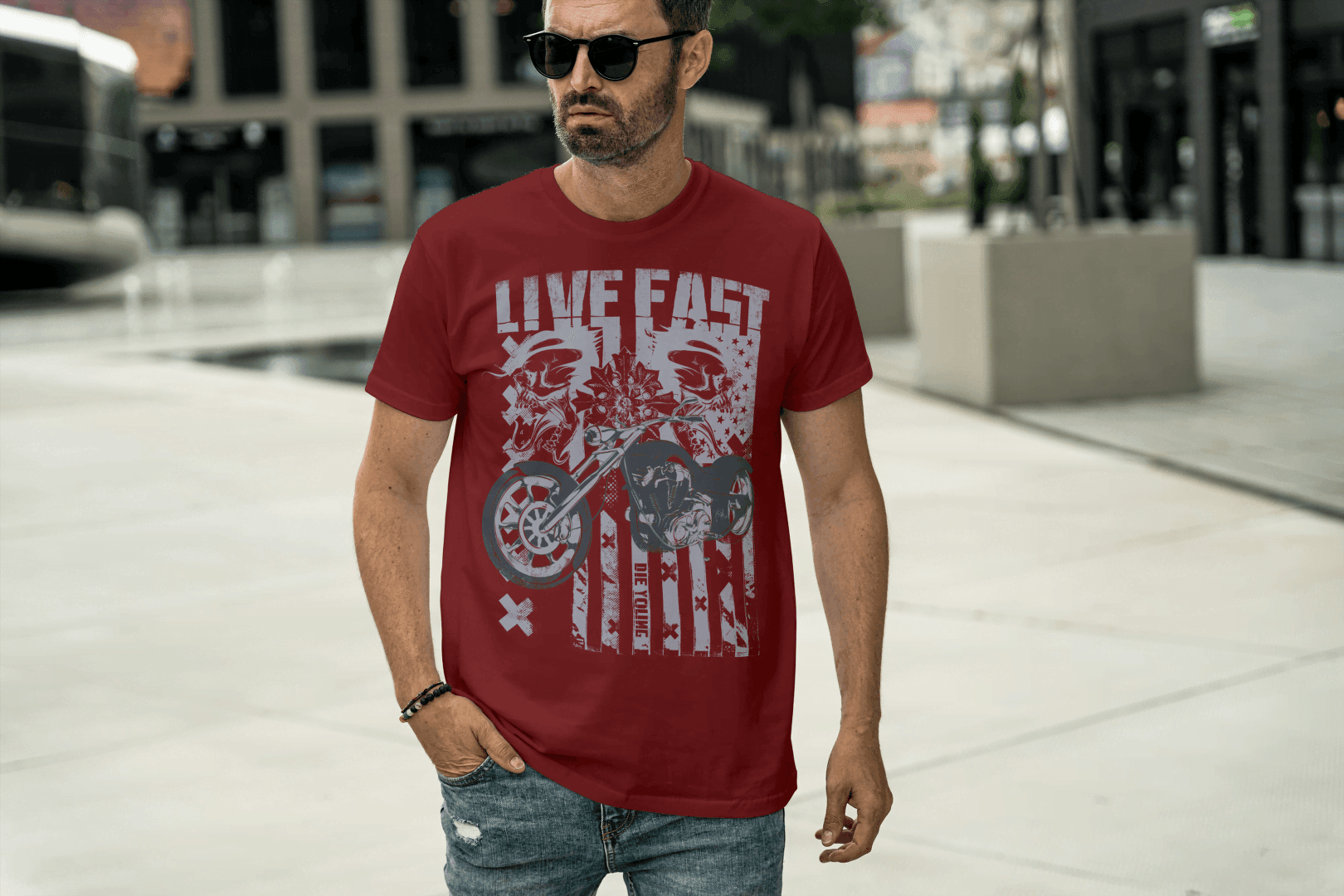 Live Fast Die Young: Skull & Vintage Biker Tee - Essentia Attire