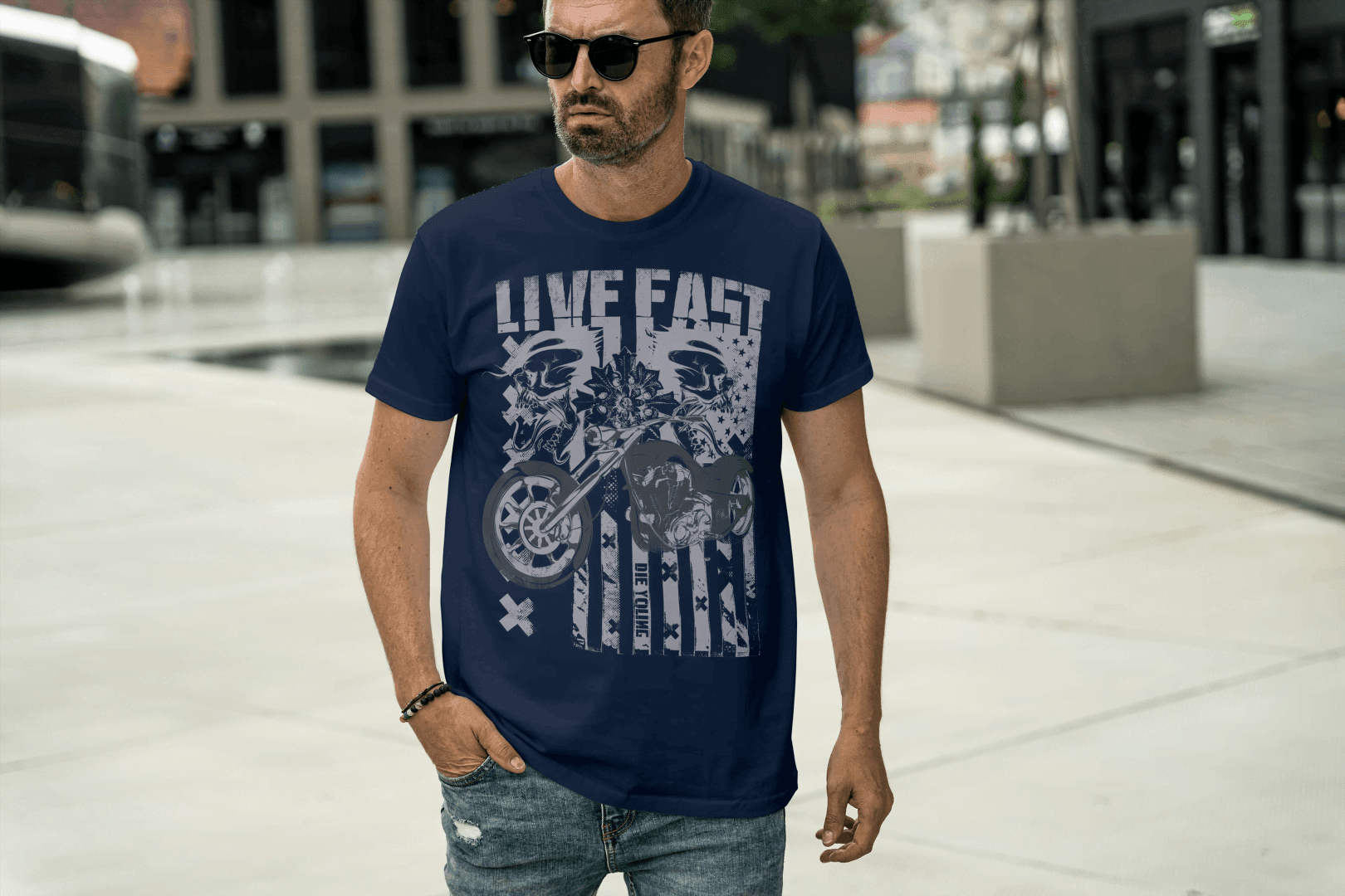 Live Fast Die Young: Skull & Vintage Biker Tee - Essentia Attire