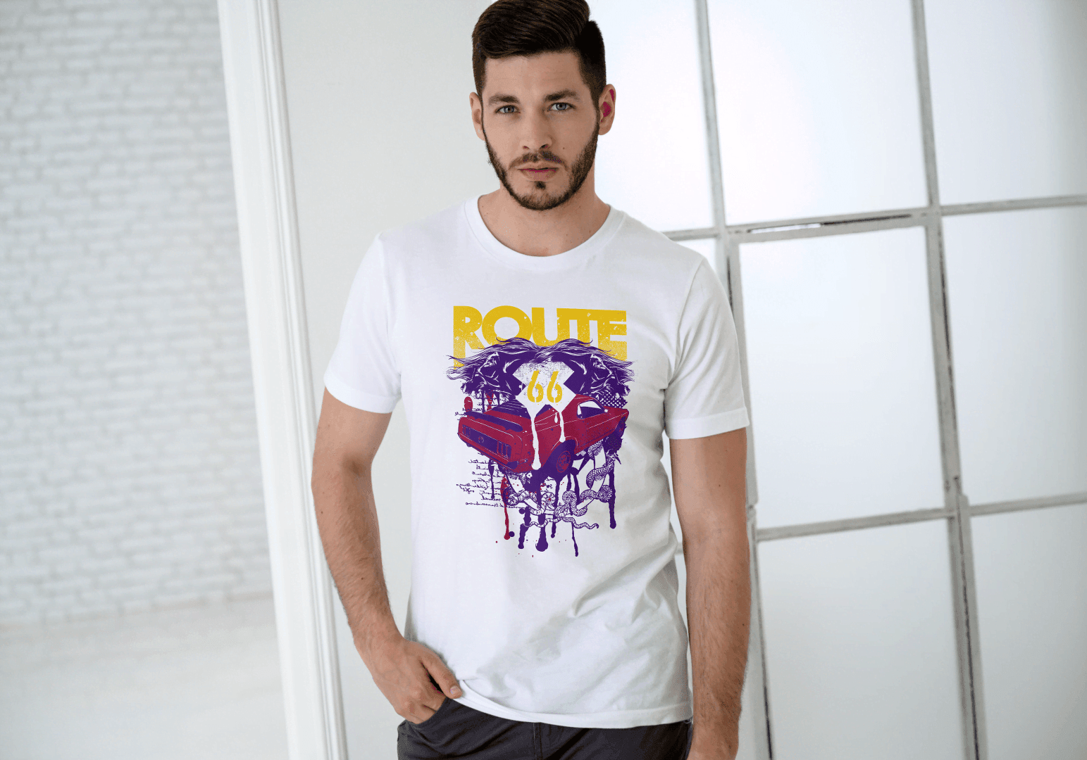 Men's Route 66 Classic Car Dripping: Vintage Road Trip - Essentia Attire