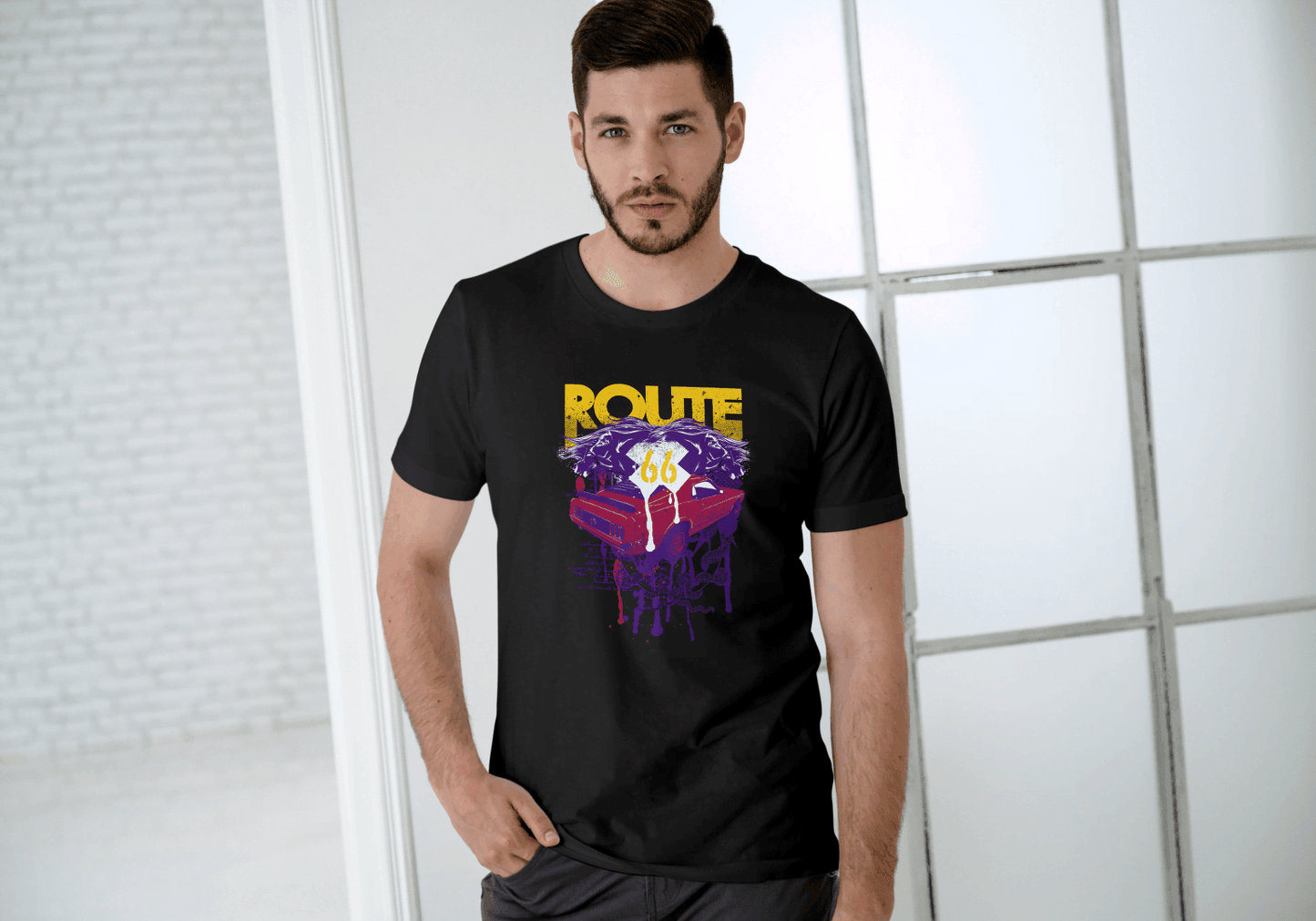 Men's Route 66 Classic Car Dripping: Vintage Road Trip - Essentia Attire