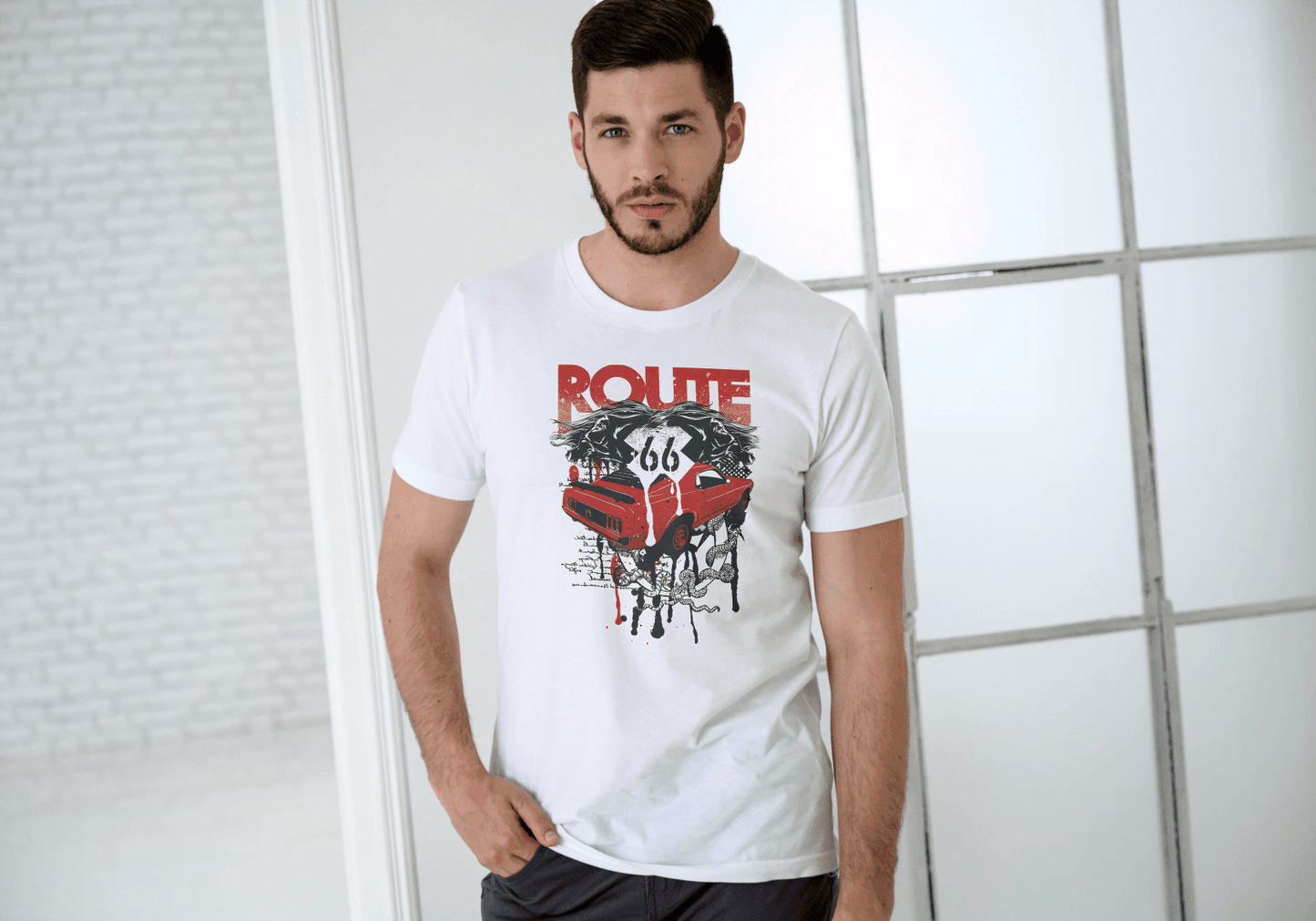 Men's Route 66 Classic Car Dripping: Vintage Road Trip - Essentia Attire