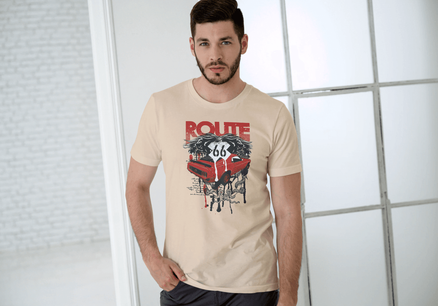 Men's Route 66 Classic Car Dripping: Vintage Road Trip - Essentia Attire
