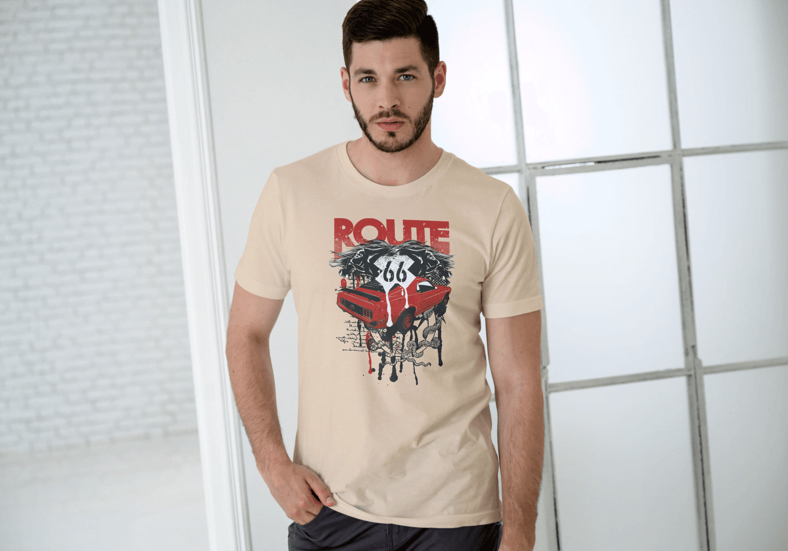 Men's Route 66 Classic Car Dripping: Vintage Road Trip - Essentia Attire