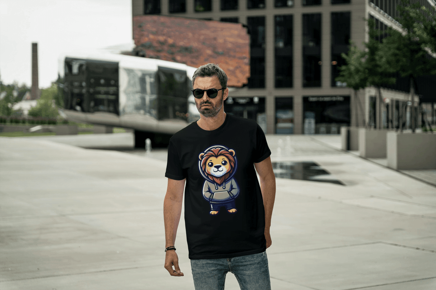 Cute Lion Wearing Hoodie: Adorable Animal Graphic Tee - Essentia Attire