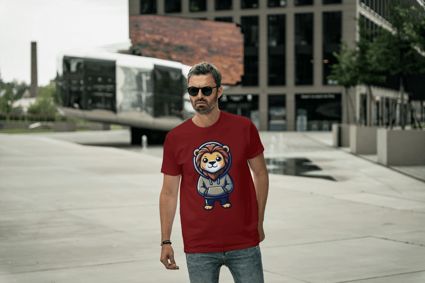 Cute Lion Wearing Hoodie: Adorable Animal Graphic Tee - Essentia Attire