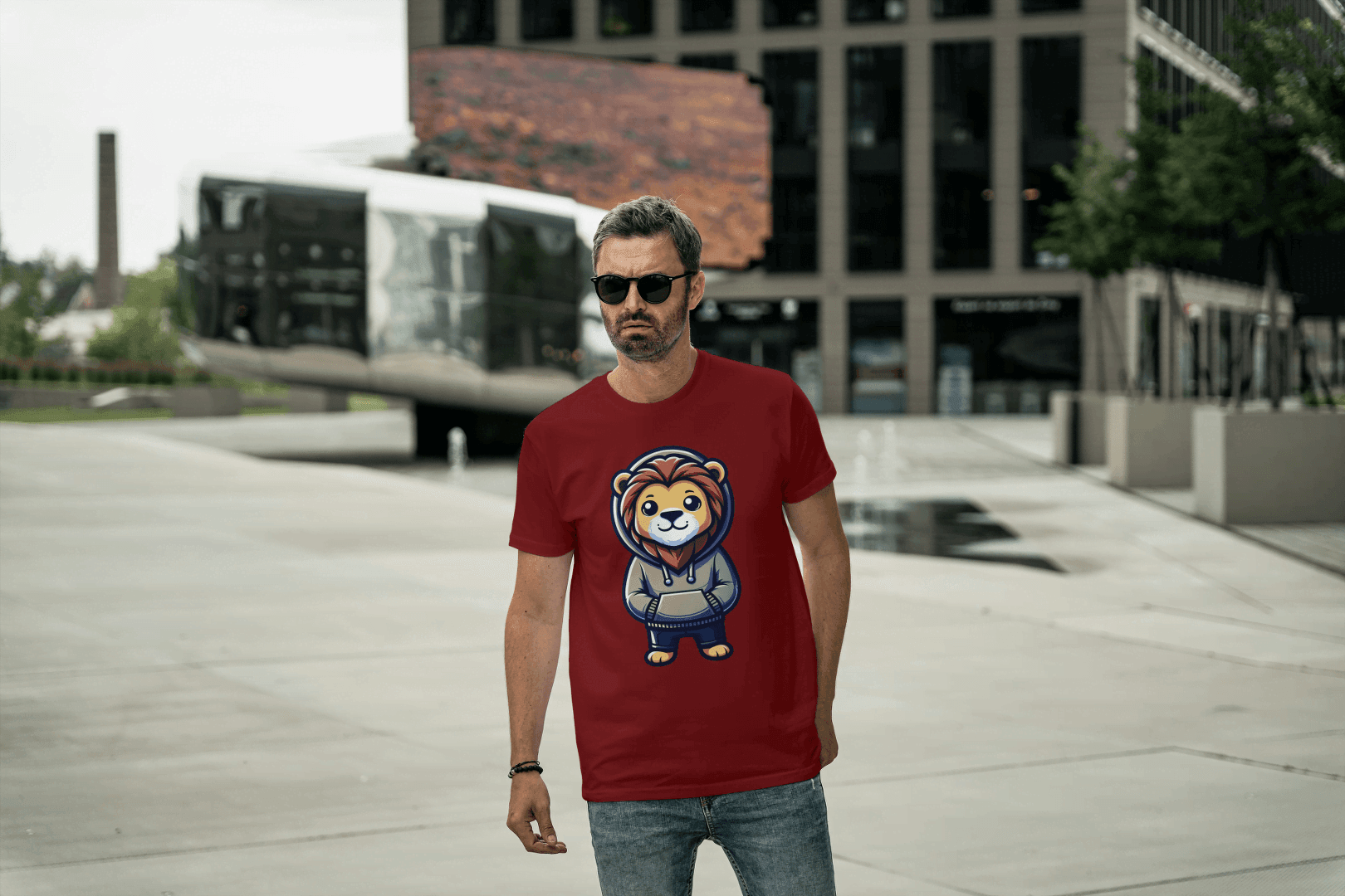 Cute Lion Wearing Hoodie: Adorable Animal Graphic Tee - Essentia Attire