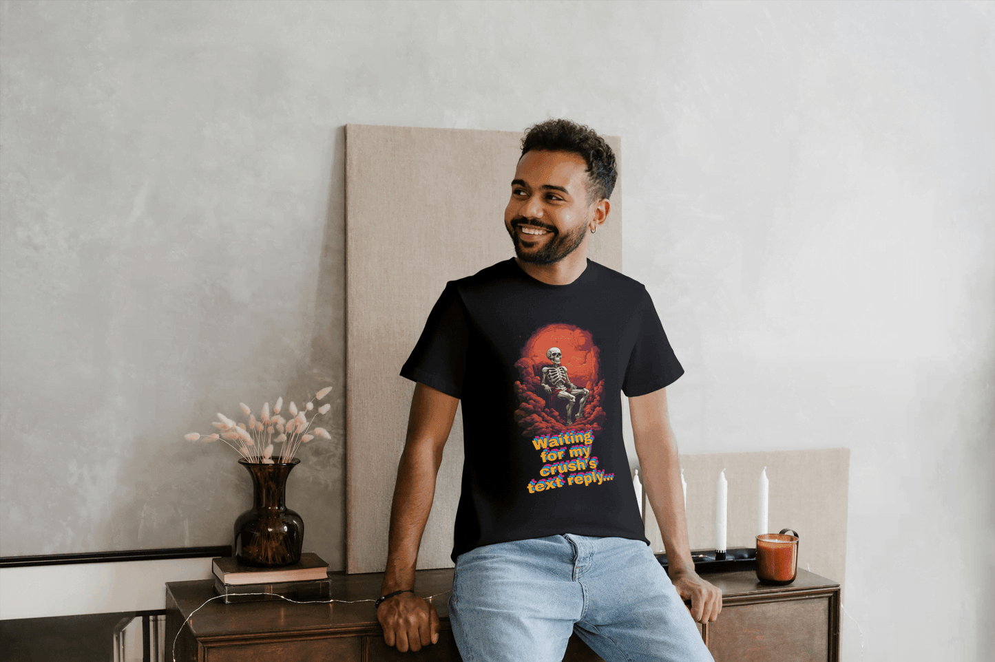 Waiting for Crush's Text Reply: Skeleton Sarcastic Tee - Essentia Attire
