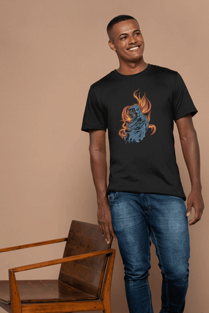 Grim Reaper Skull Flame: Mysterious Hooded Figure Tee - Essentia Attire