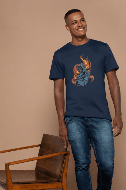 Grim Reaper Skull Flame: Mysterious Hooded Figure Tee - Essentia Attire
