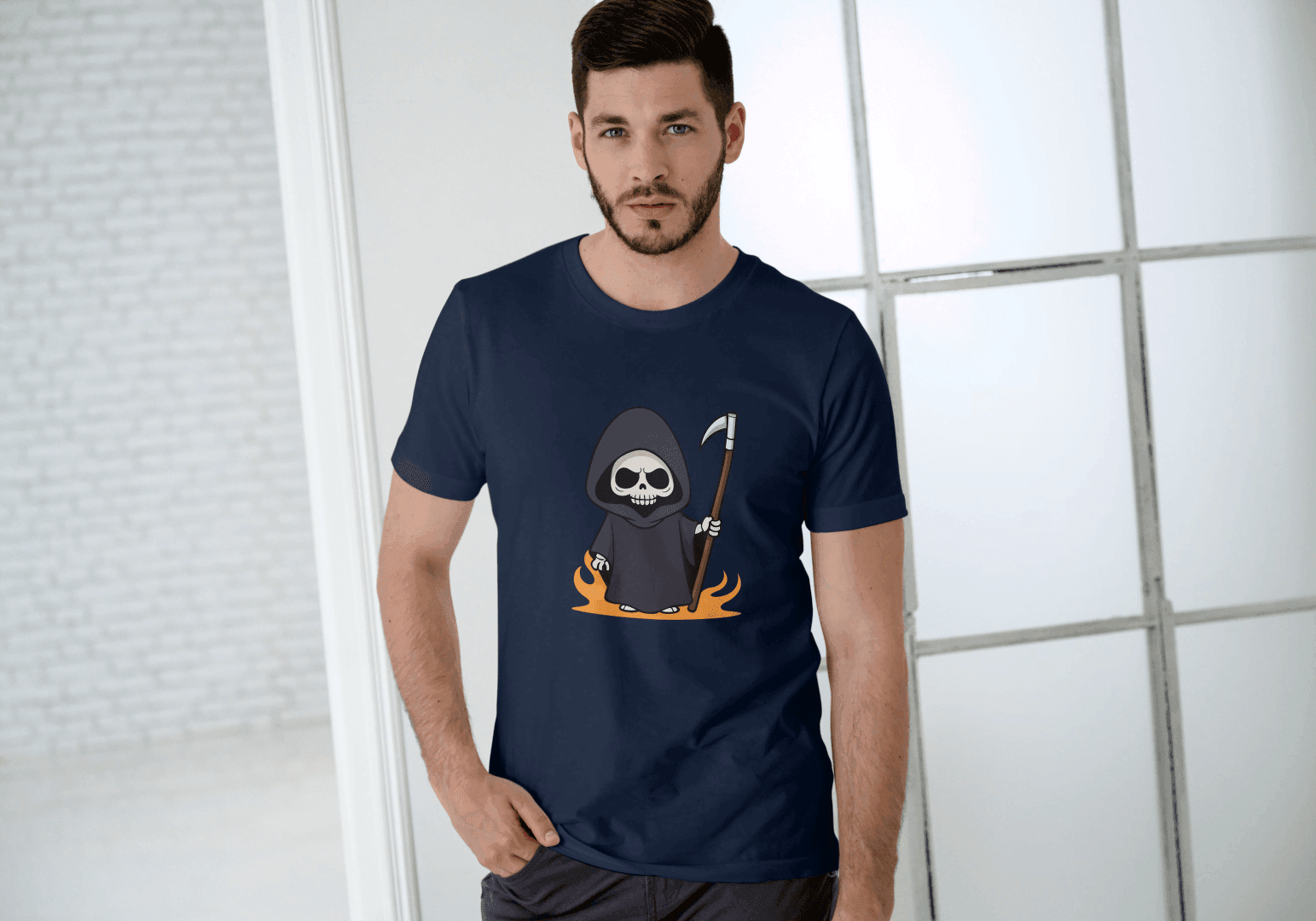 Cute Grim Reaper: Cartoon Skull Scythe Tee - Essentia Attire