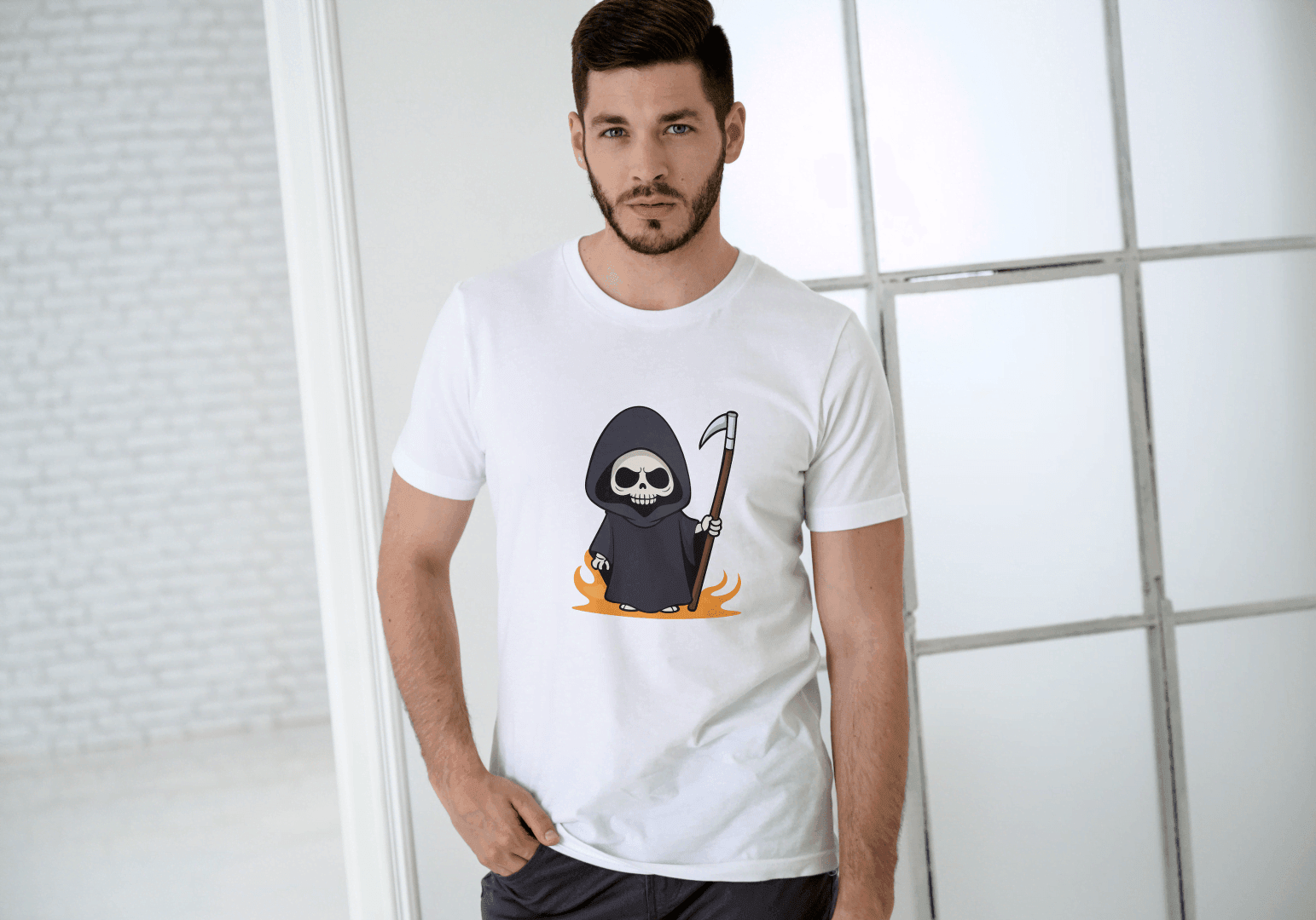 Cute Grim Reaper: Cartoon Skull Scythe Tee - Essentia Attire