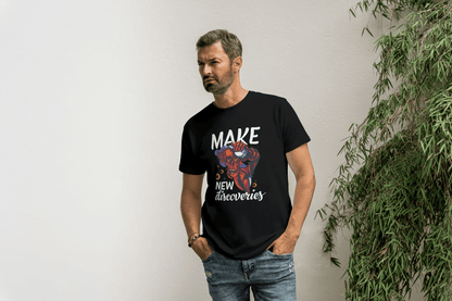 "Make New Discoveries" Skull: Quirky Science & Exploration Tee - Essentia Attire