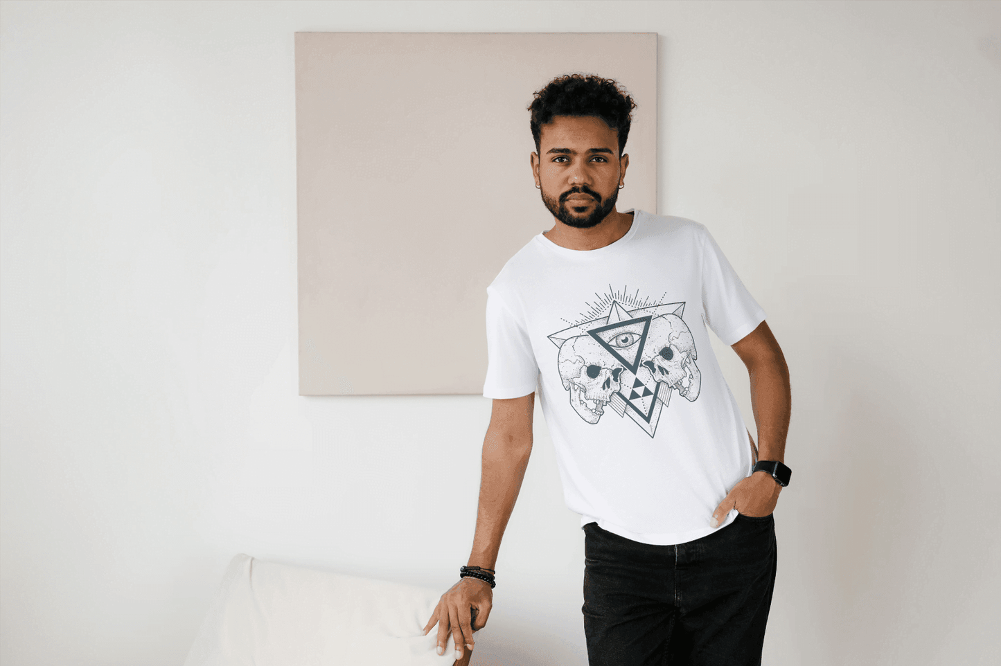 Cosmic Skulls with Eye of Providence: Spiritual Mortality Design Tee - Essentia Attire