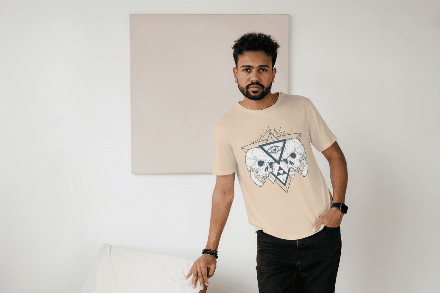 Cosmic Skulls with Eye of Providence: Spiritual Mortality Design Tee - Essentia Attire
