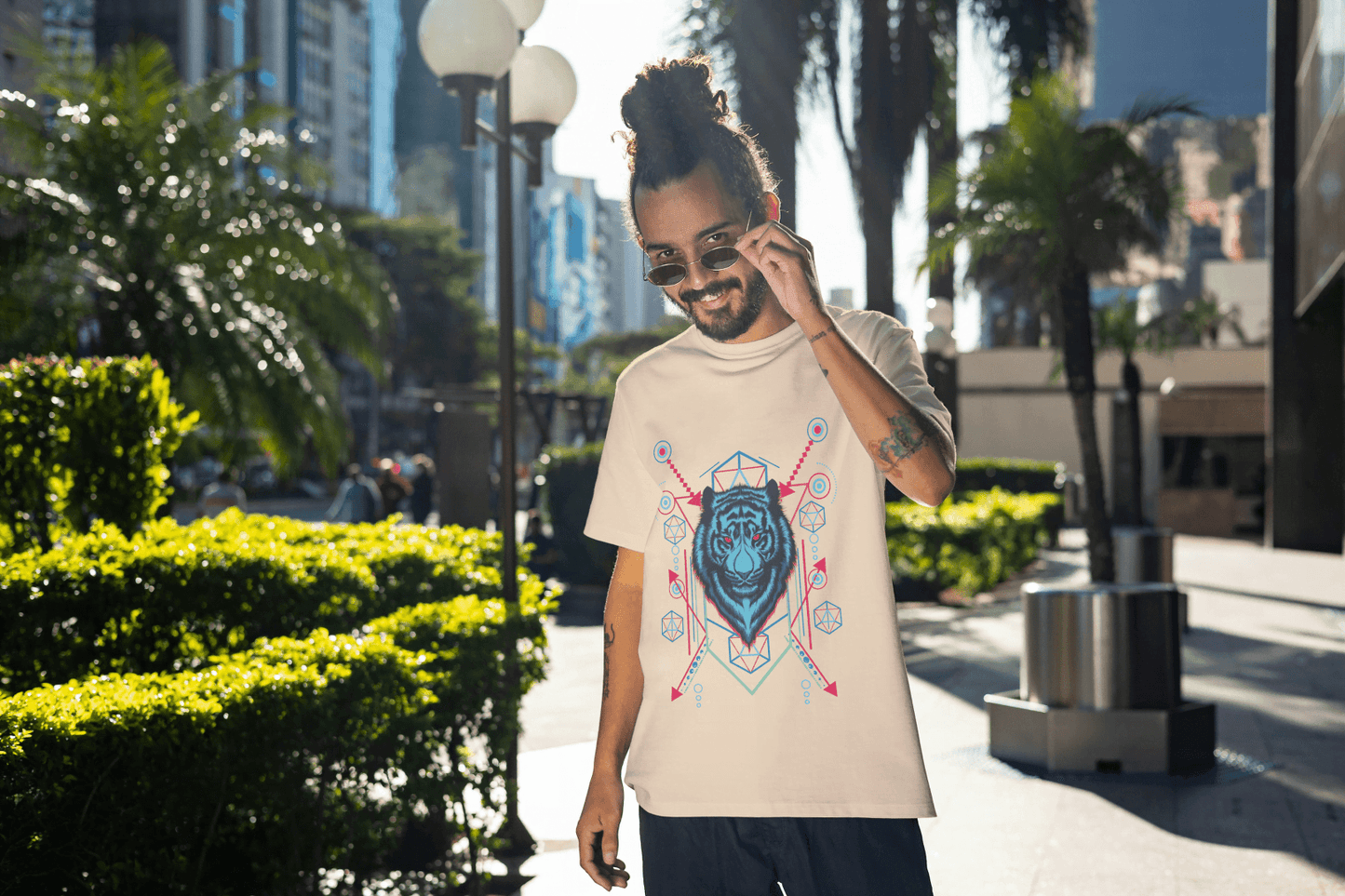 Geometric Tiger Head Graphic T-Shirt - Abstract Animal Design Tee - Essentia Attire