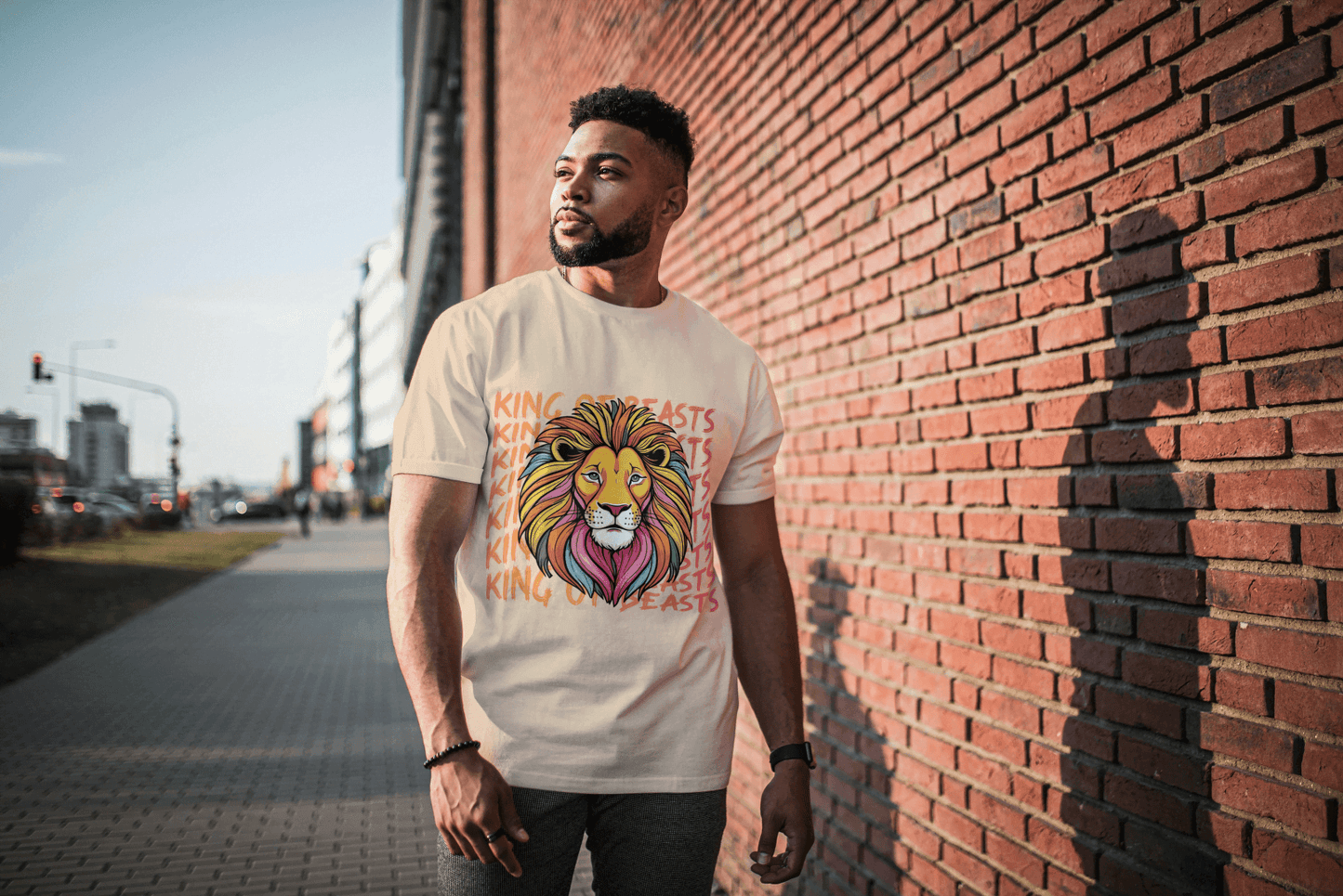 Colorful King of Beasts: Vibrant Lion Graphic Tee - Essentia Attire