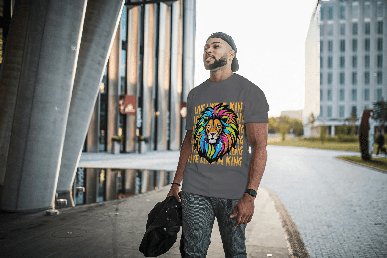 Colorful Lion Live Like A King: Vibrant Graphic Tee - Essentia Attire