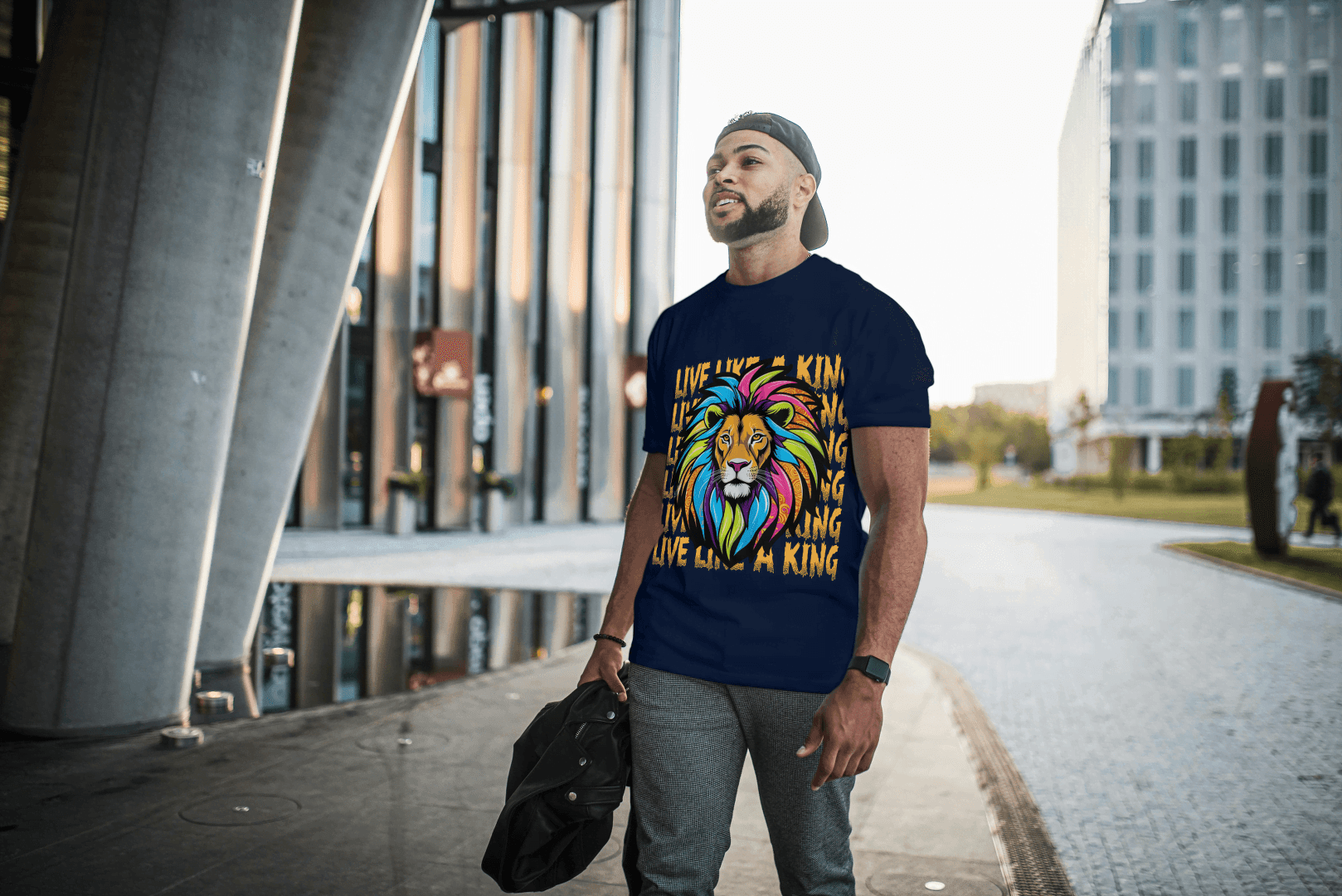 Colorful Lion Live Like A King: Vibrant Graphic Tee - Essentia Attire