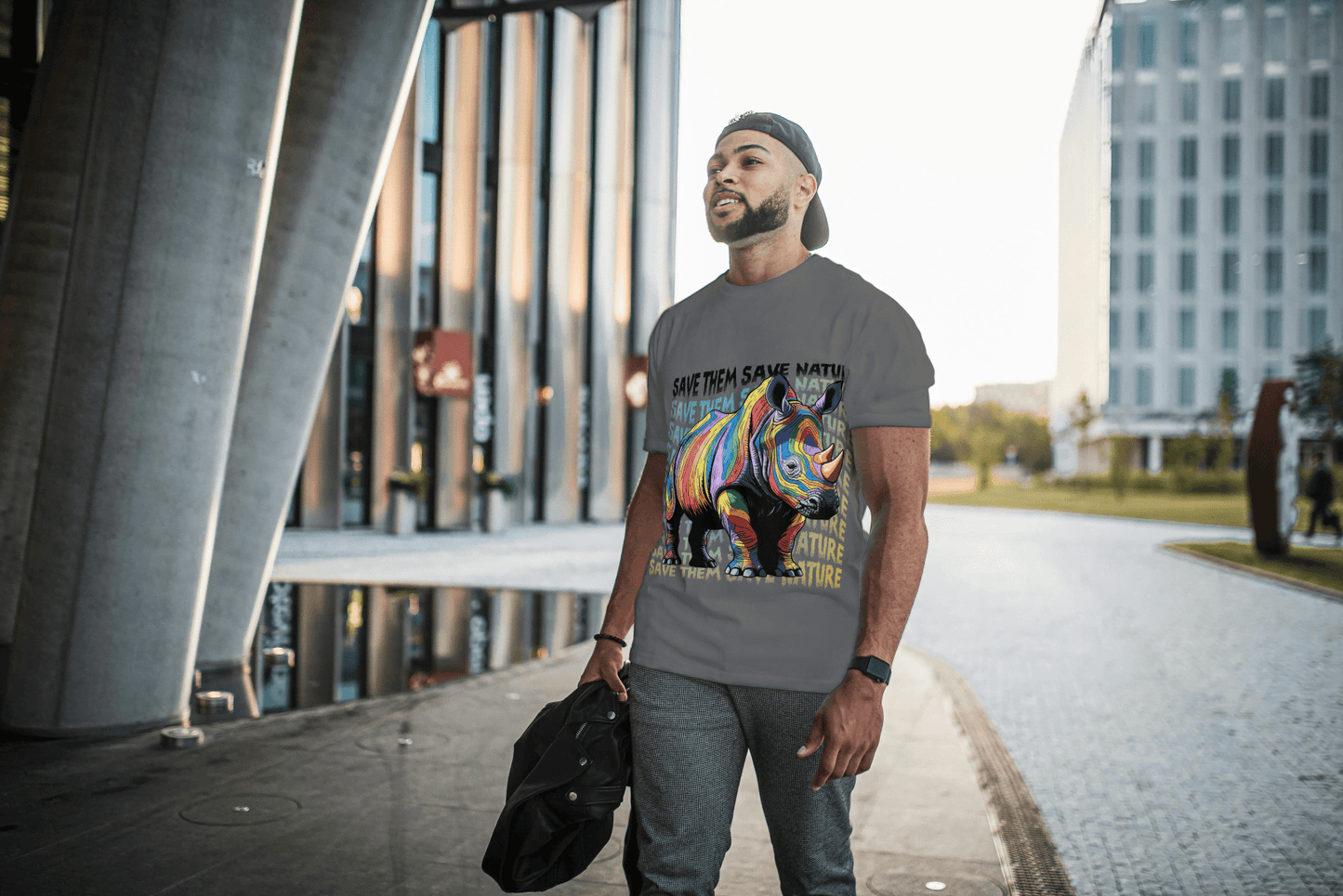 Colorful Rhino Conservation: "Save Them Save Nature" Graphic Tee - Essentia Attire