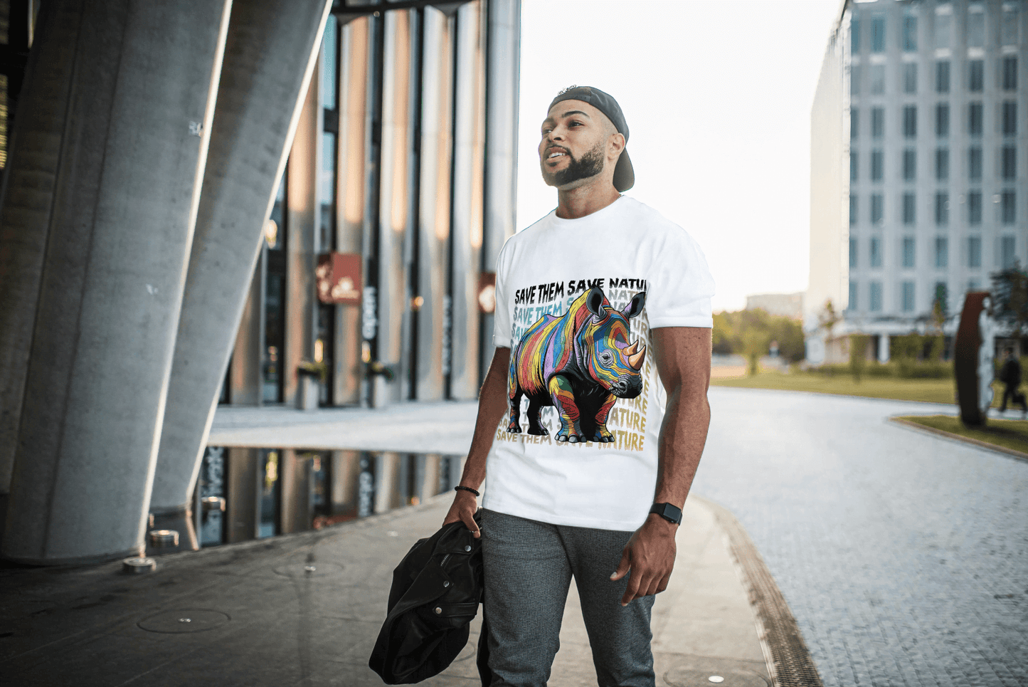 Colorful Rhino Conservation: "Save Them Save Nature" Graphic Tee - Essentia Attire