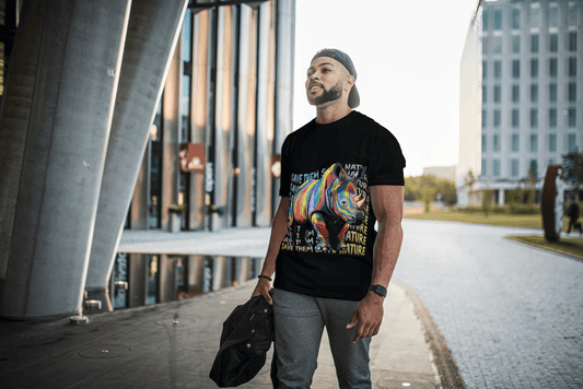 Colorful Rhino Conservation: "Save Them Save Nature" Graphic Tee - Essentia Attire