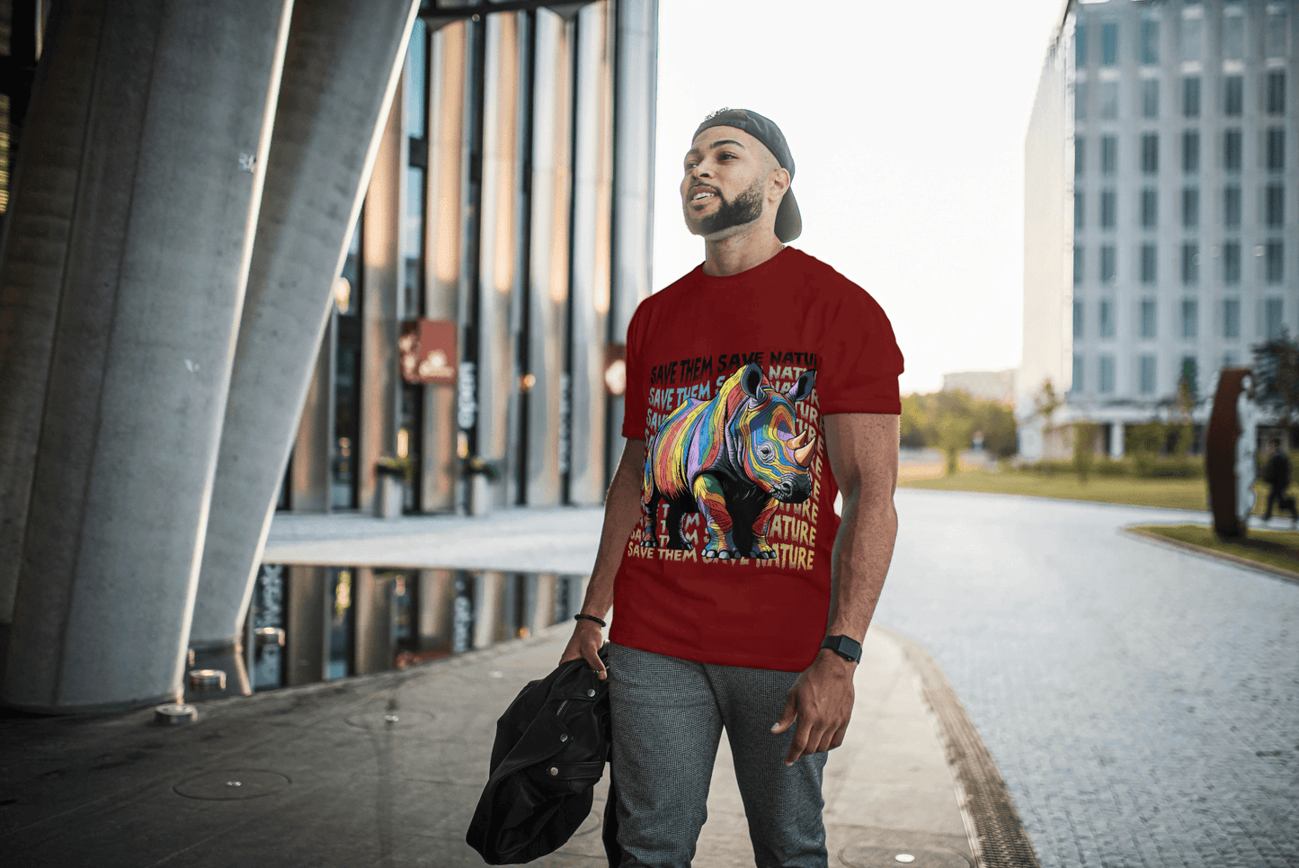 Colorful Rhino Conservation: "Save Them Save Nature" Graphic Tee - Essentia Attire