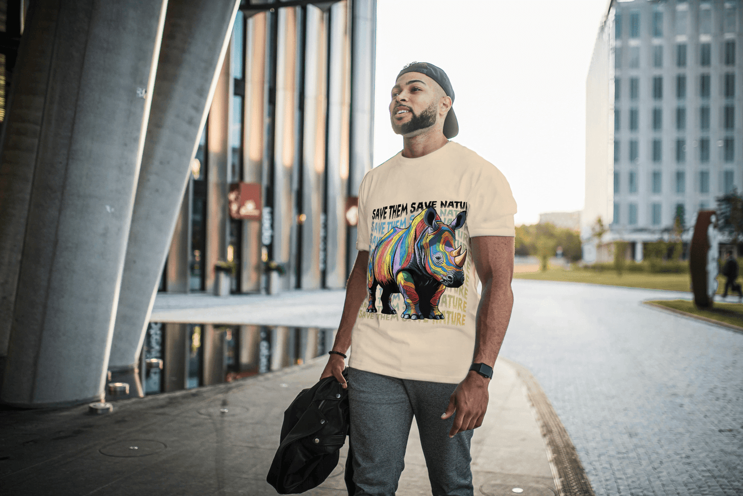 Colorful Rhino Conservation: "Save Them Save Nature" Graphic Tee - Essentia Attire