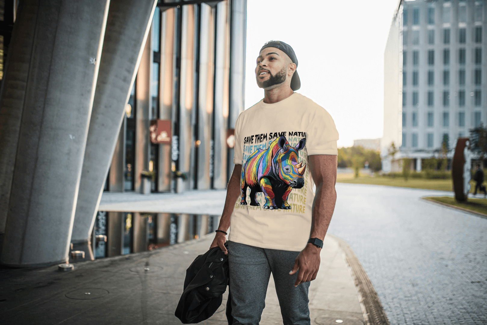 Colorful Rhino Conservation: "Save Them Save Nature" Graphic Tee - Essentia Attire