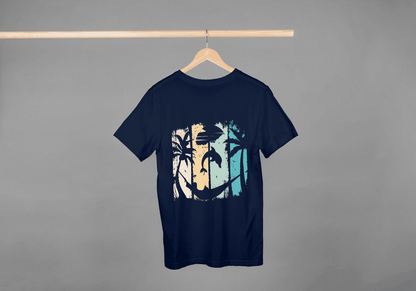 Tropical Sunset Beach: Dolphin Palm Tree Graphic Tee - Essentia Attire
