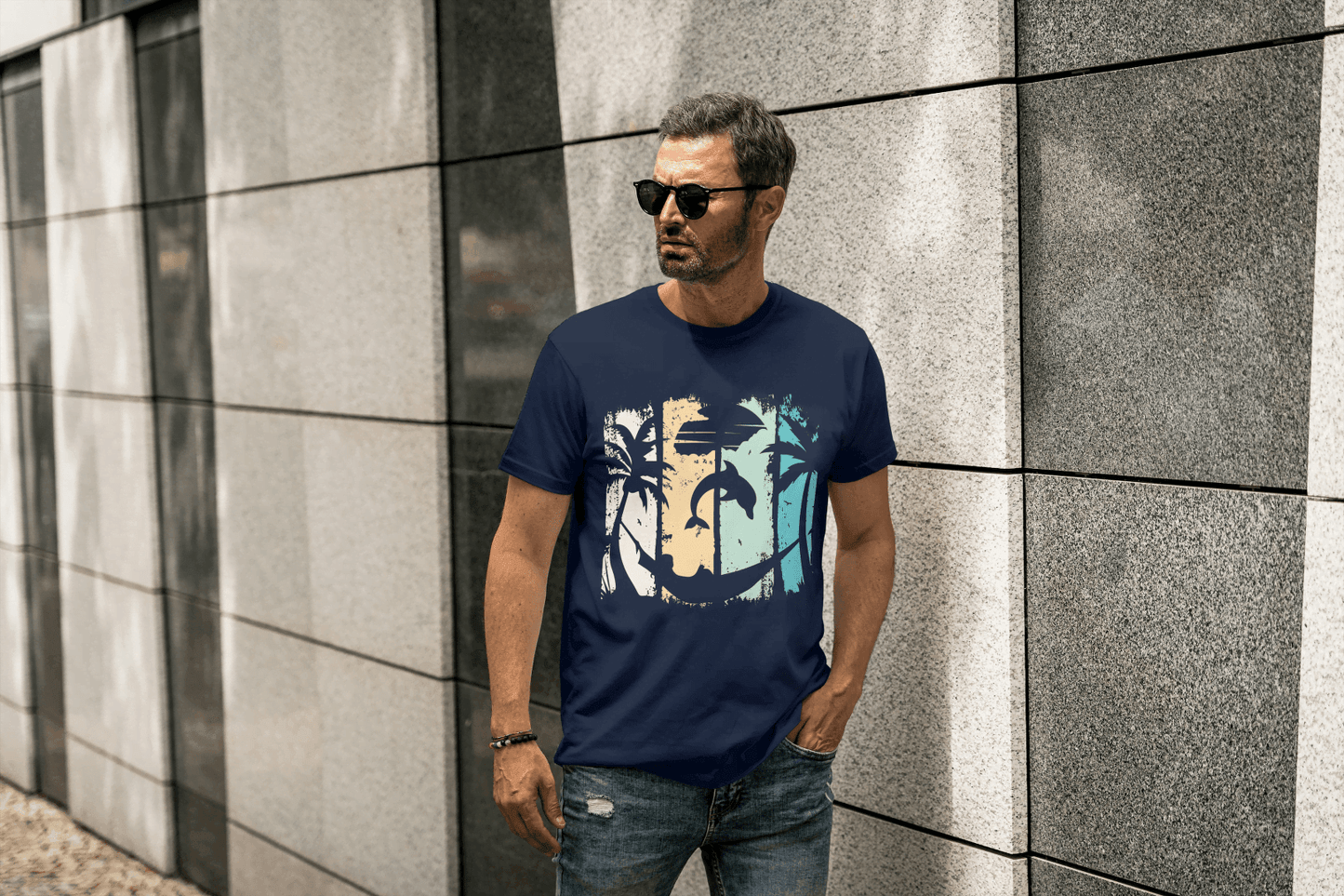Tropical Sunset Beach: Dolphin Palm Tree Graphic Tee - Essentia Attire