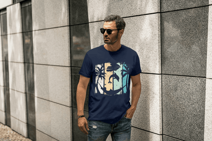 Tropical Sunset Beach: Dolphin Palm Tree Graphic Tee - Essentia Attire