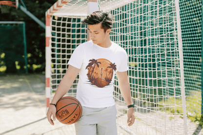 Basketball Sunset Graphic: Tropical Sports Tee - Essentia Attire