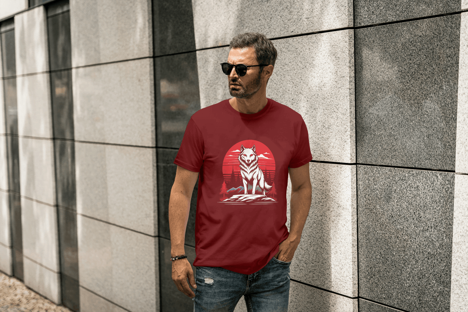 Red Moon Wolf: Mystical Animal Graphic Tee - Essentia Attire